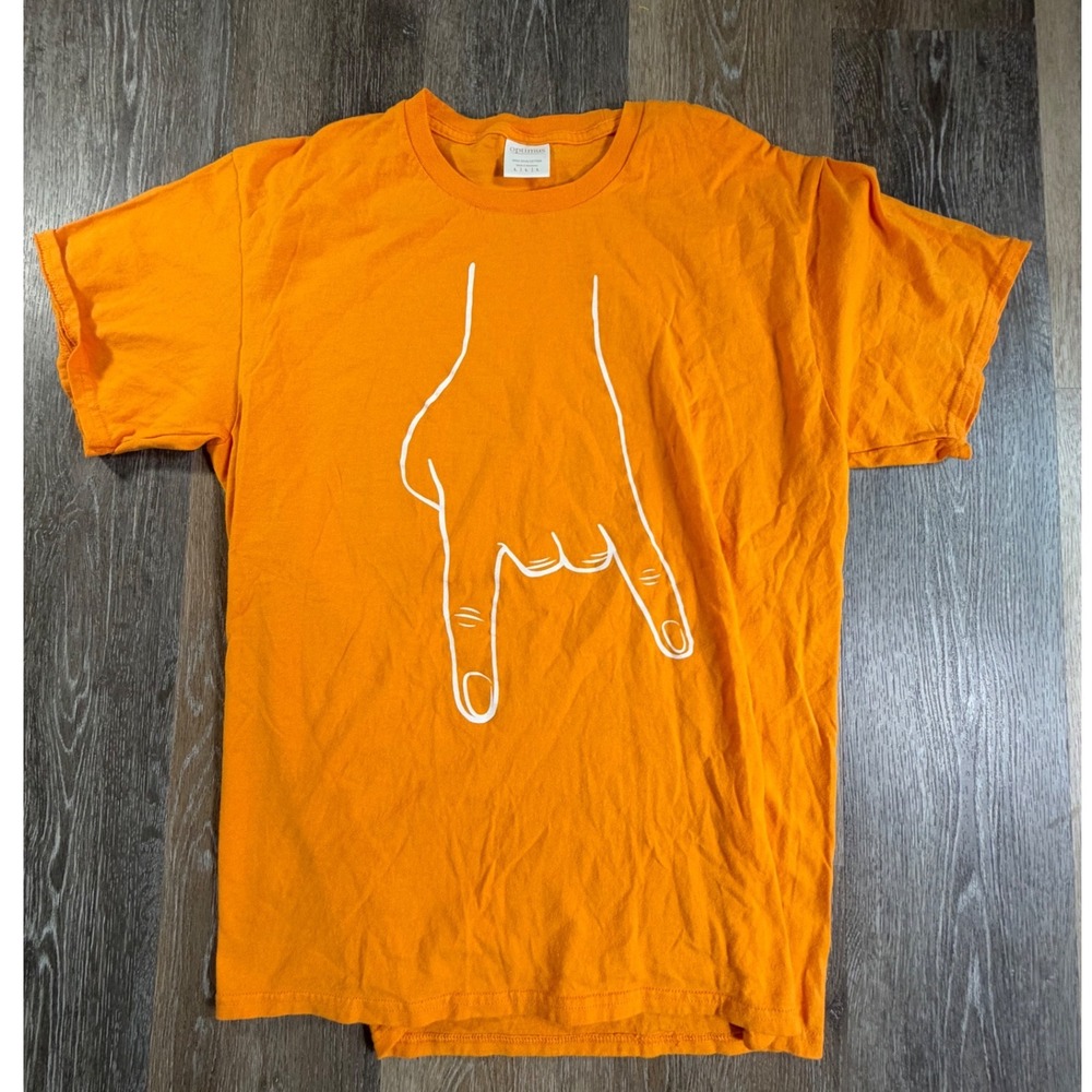 Optimus Graphic T-Shirt Mens Large Orange Hand Sign Short Sleeve Cotton Tee